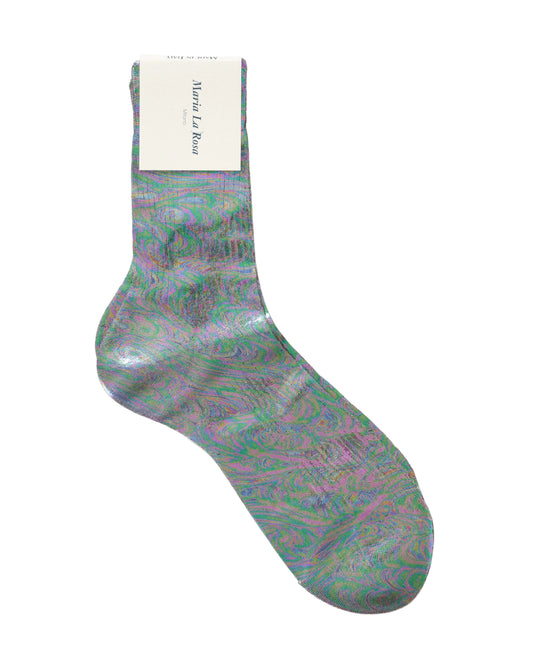 Patterned sock on a white background with a visible brand label.