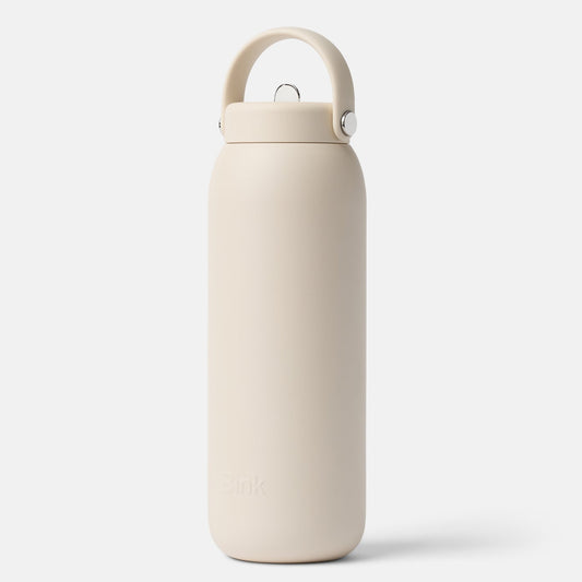 Beige water bottle with a handle on a white background