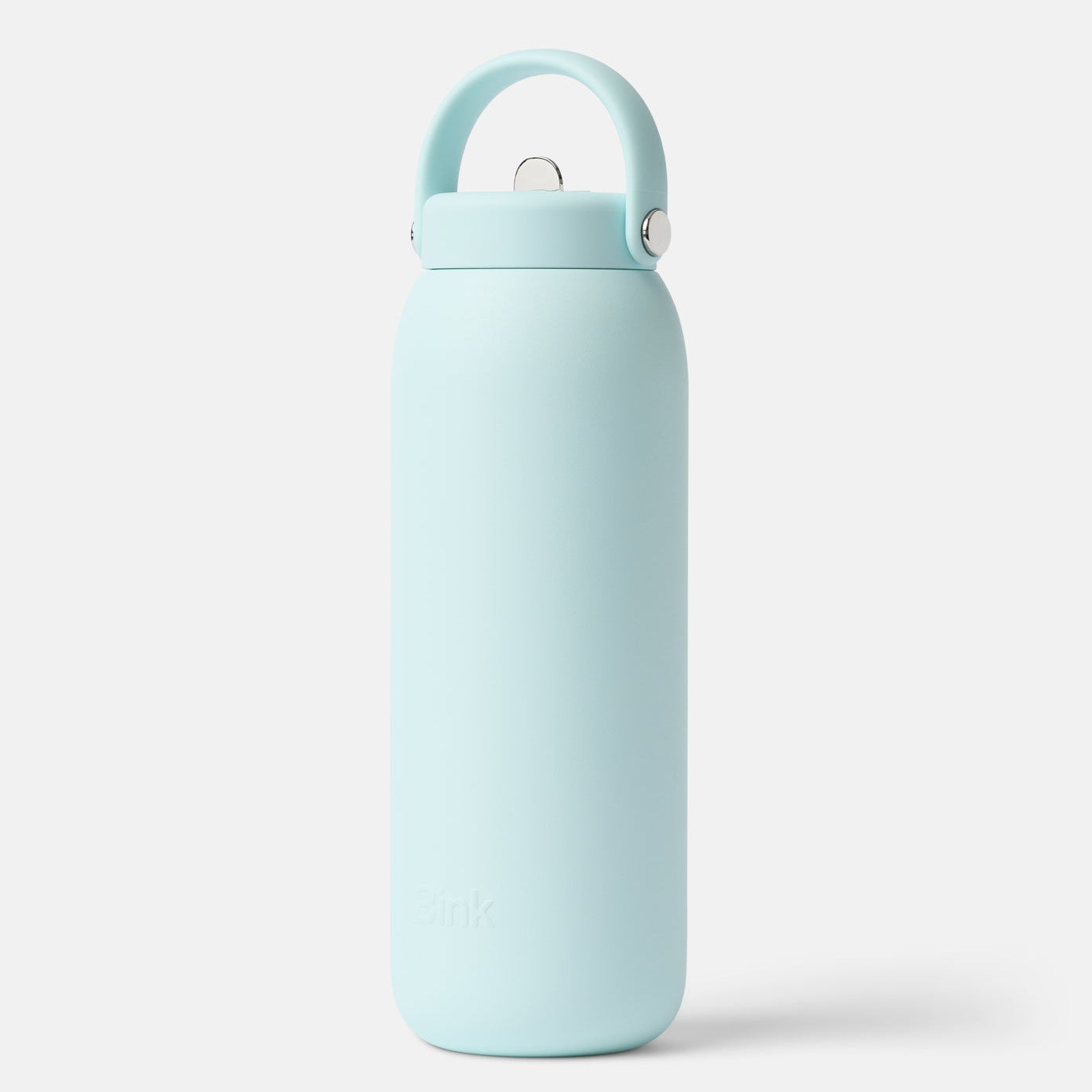 Light blue water bottle with a handle on a white background
