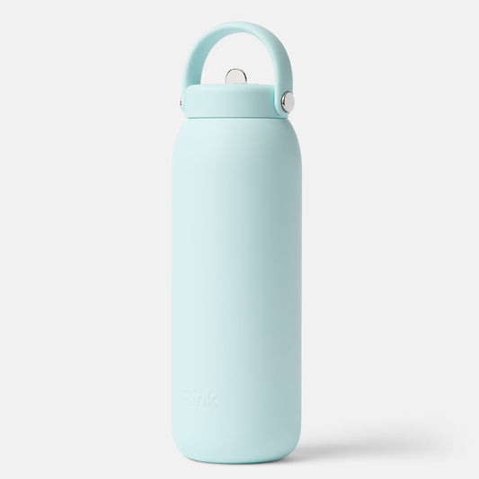 Light blue water bottle with a handle on a white background