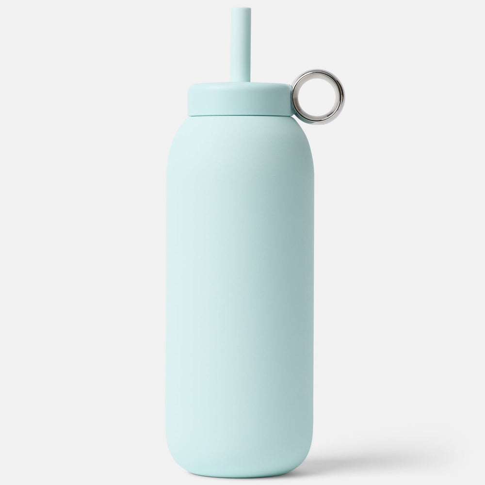 Light blue water bottle with a straw on a white background