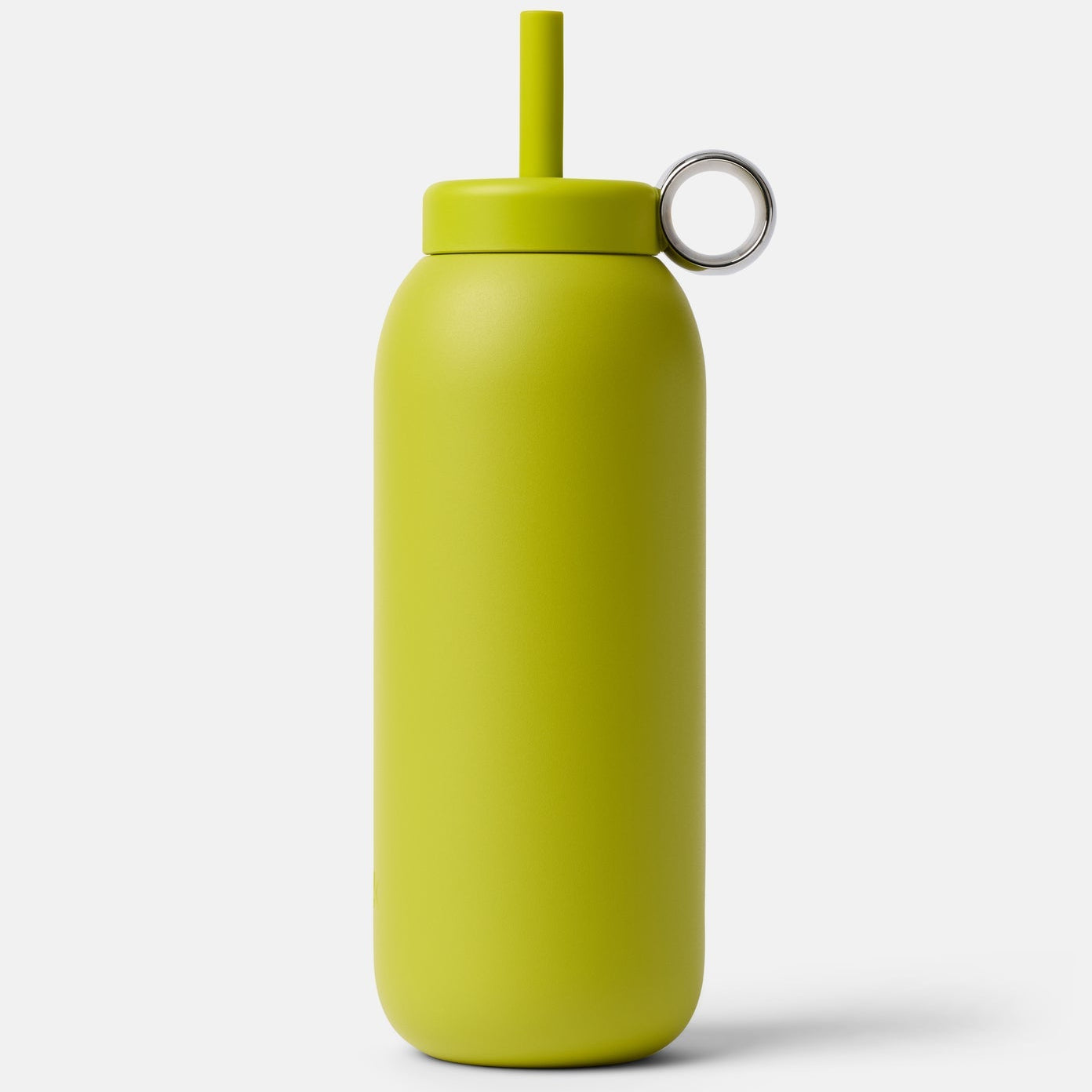 Yellow water bottle with a straw lid on a white background