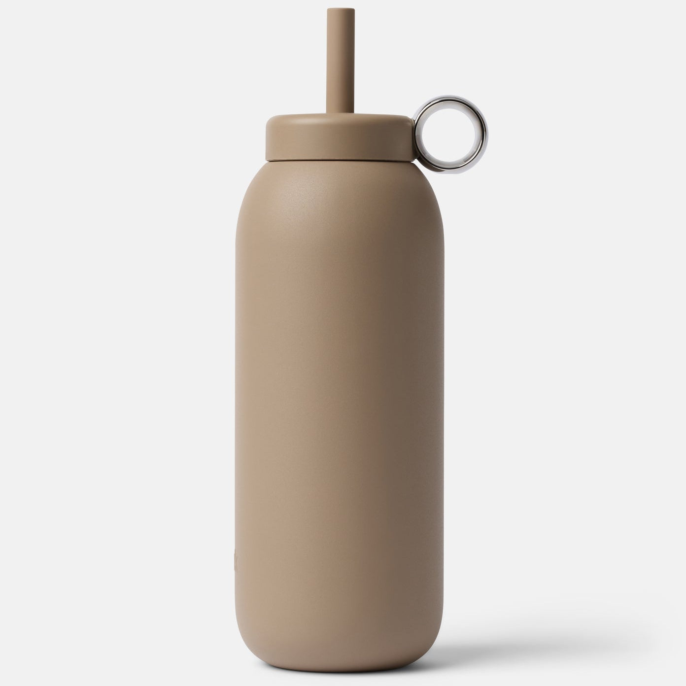 Beige water bottle with a straw on a white background
