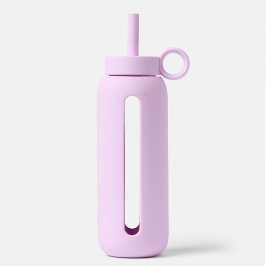 Purple water bottle with a straw on a white background
