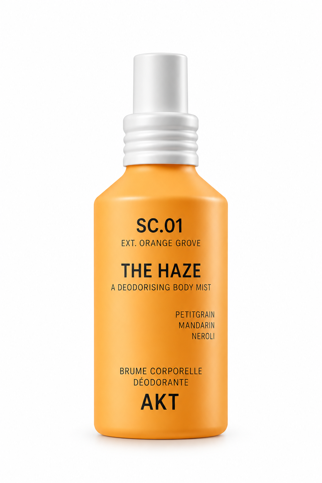 A bottle of ACT The Haze deodorizing body mist in orange with a white spray cap, on a plain white background.