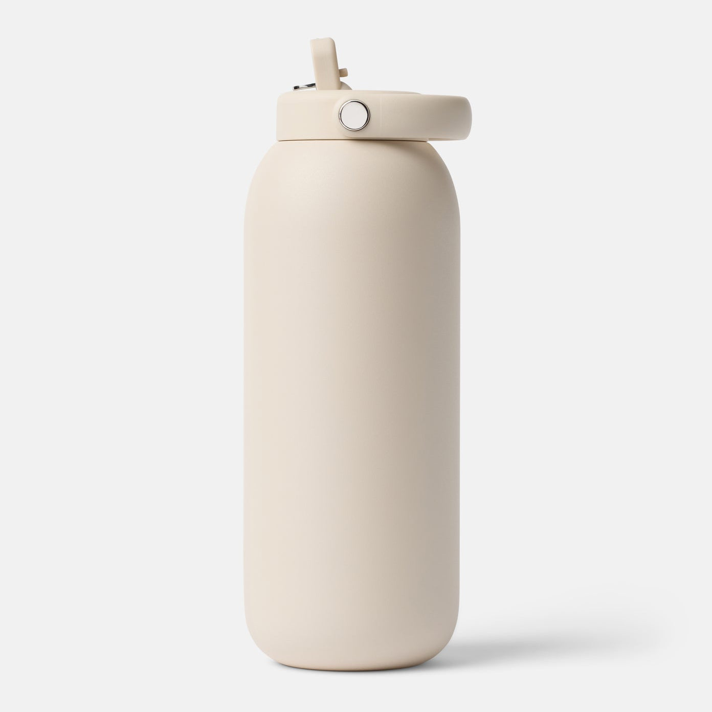 Beige water bottle with a lid on a white background