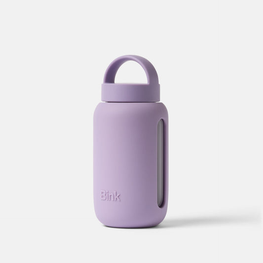 Purple water bottle with 'Blink' branding on a white background