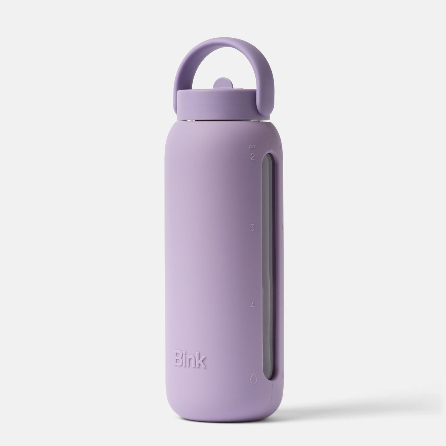 Purple water bottle with a handle on a white background