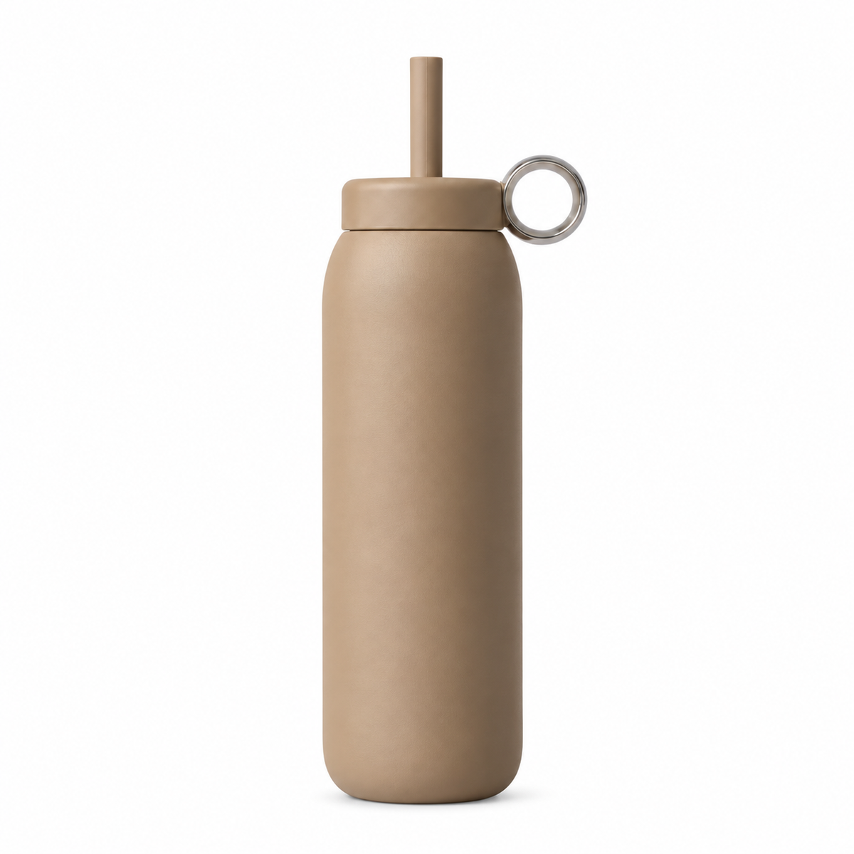 A matte tan insulated water bottle with a matching lid, straw, and a small silver metal loop, shown on a plain white background.