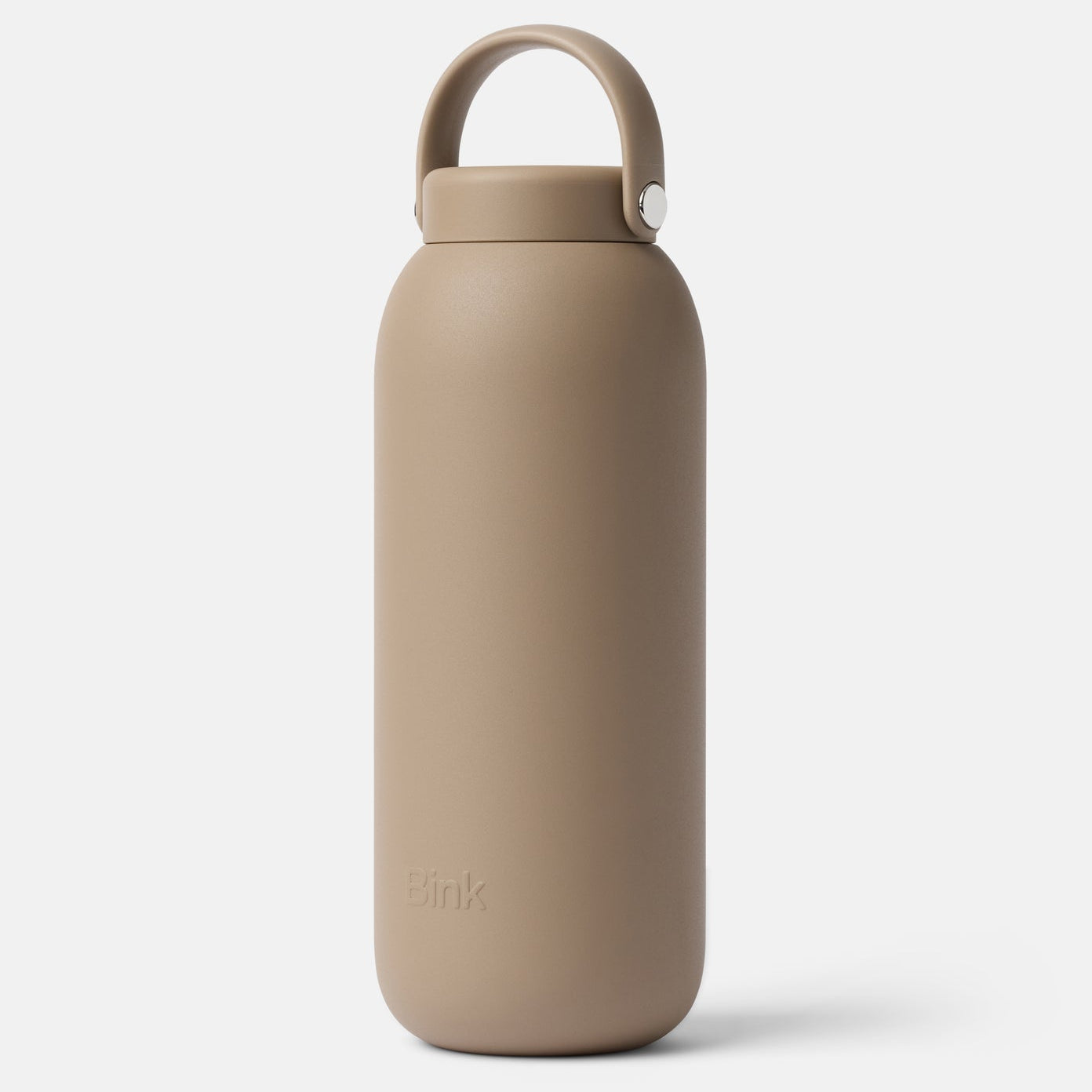 Beige water bottle with a handle on a light gray background