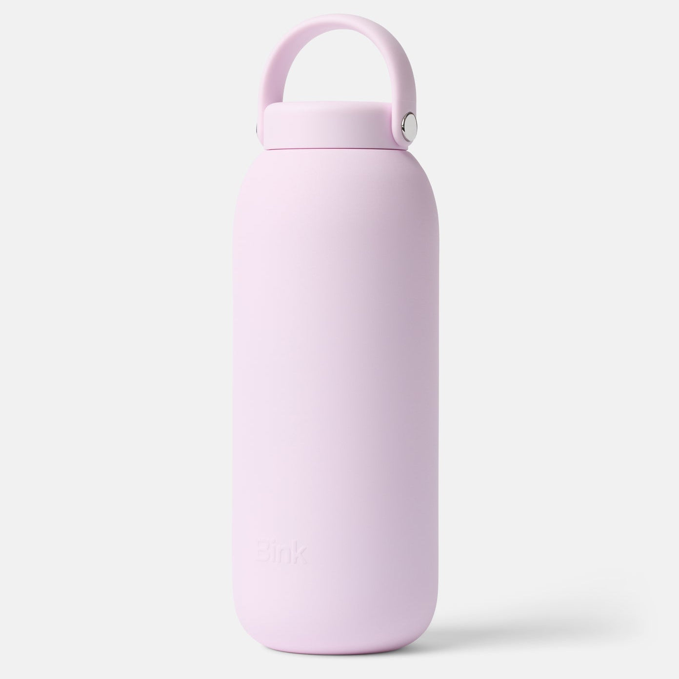 Pink water bottle with a white background