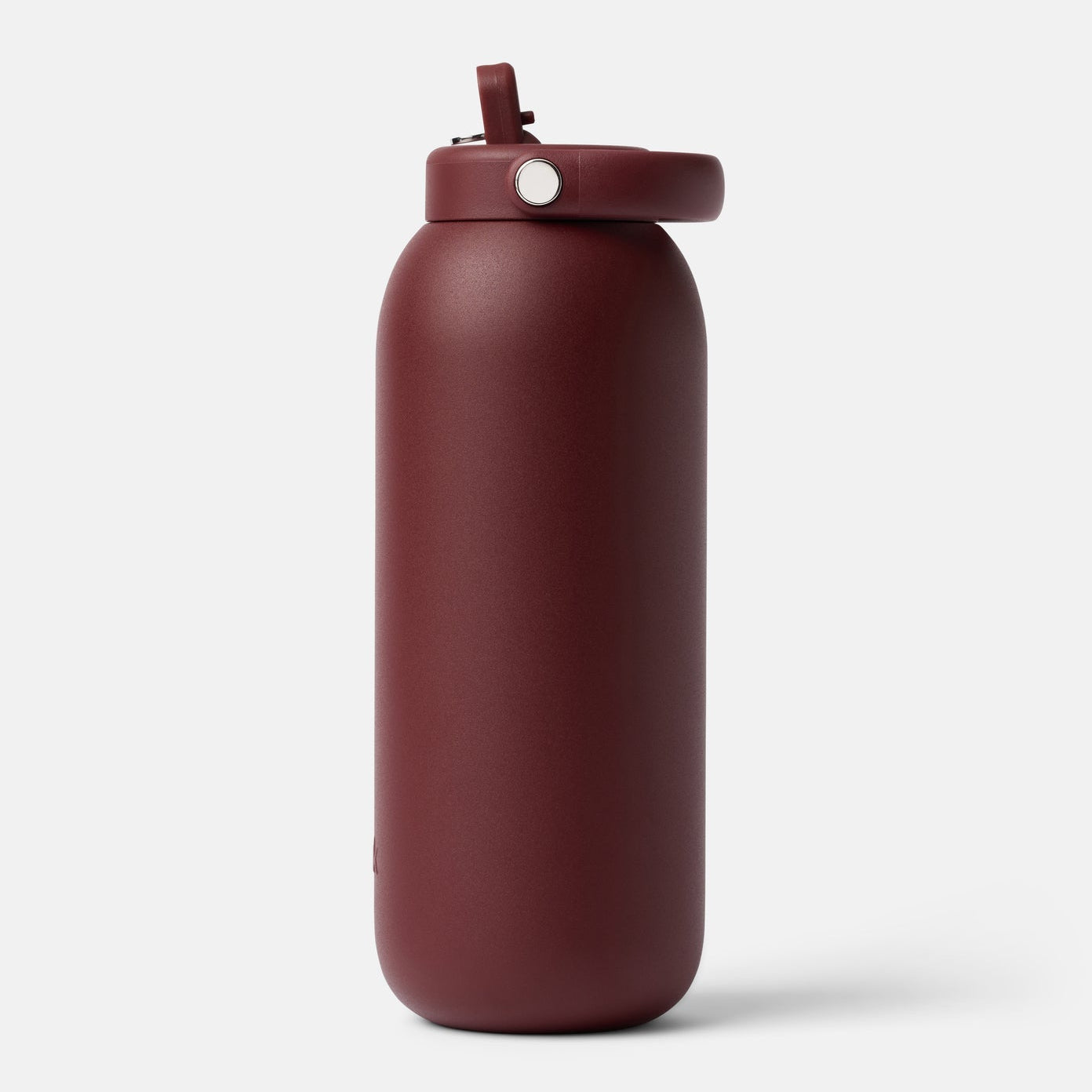 Maroon water bottle with a strap on a white background