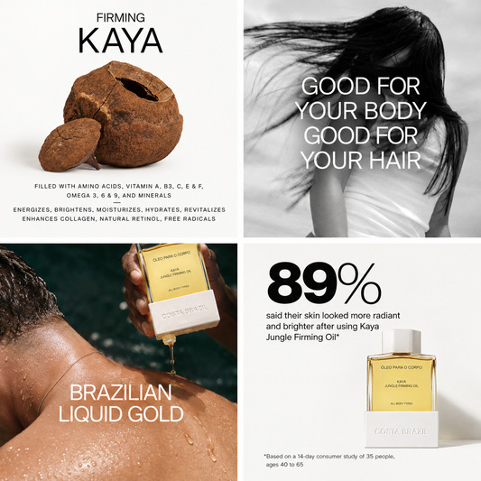A four-panel promotional collage for Kaya Jungle Firming Oil. The top-left panel shows a brown jar of Kaya palm oil with text describing its ingredients.