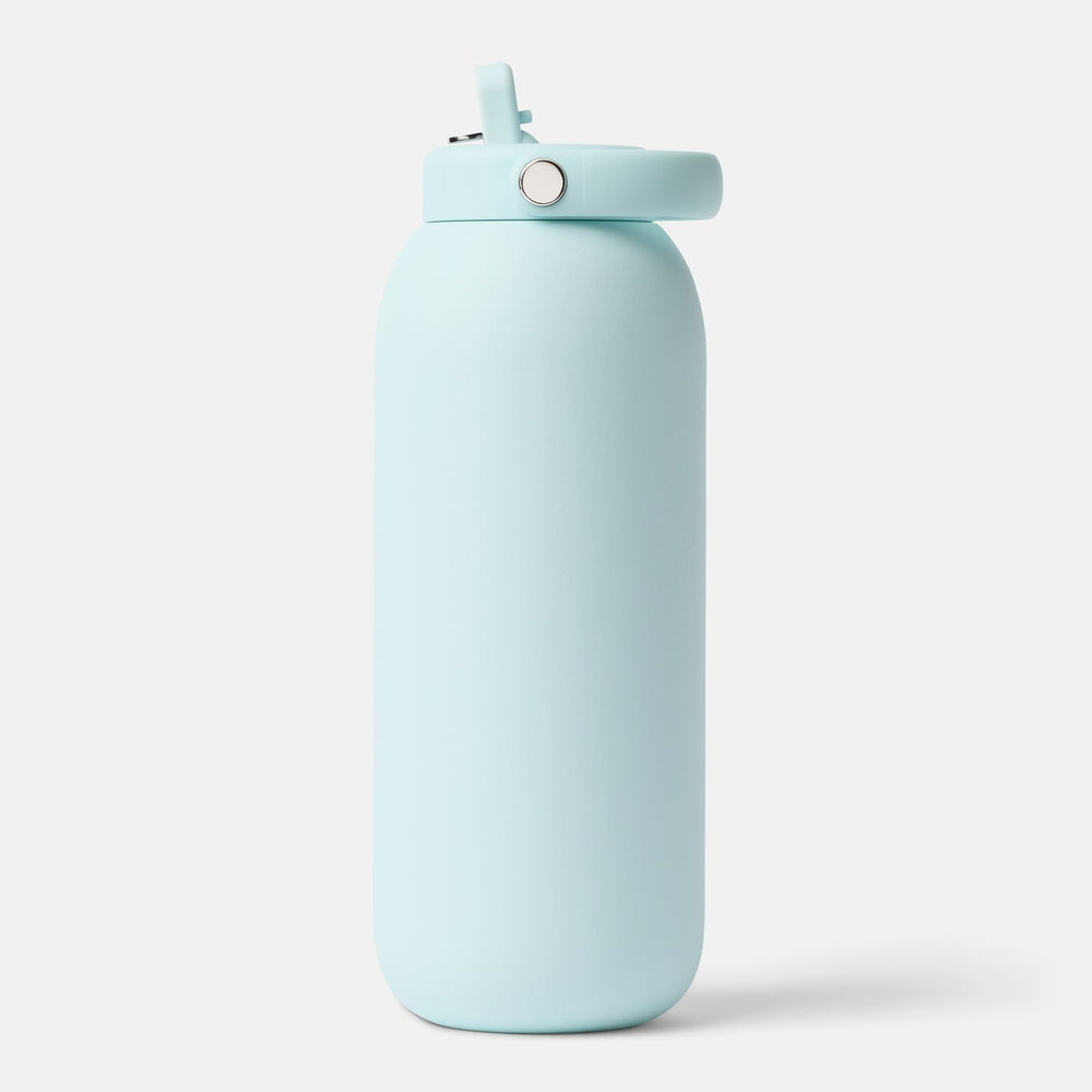 Light blue water bottle with a straw lid on a white background