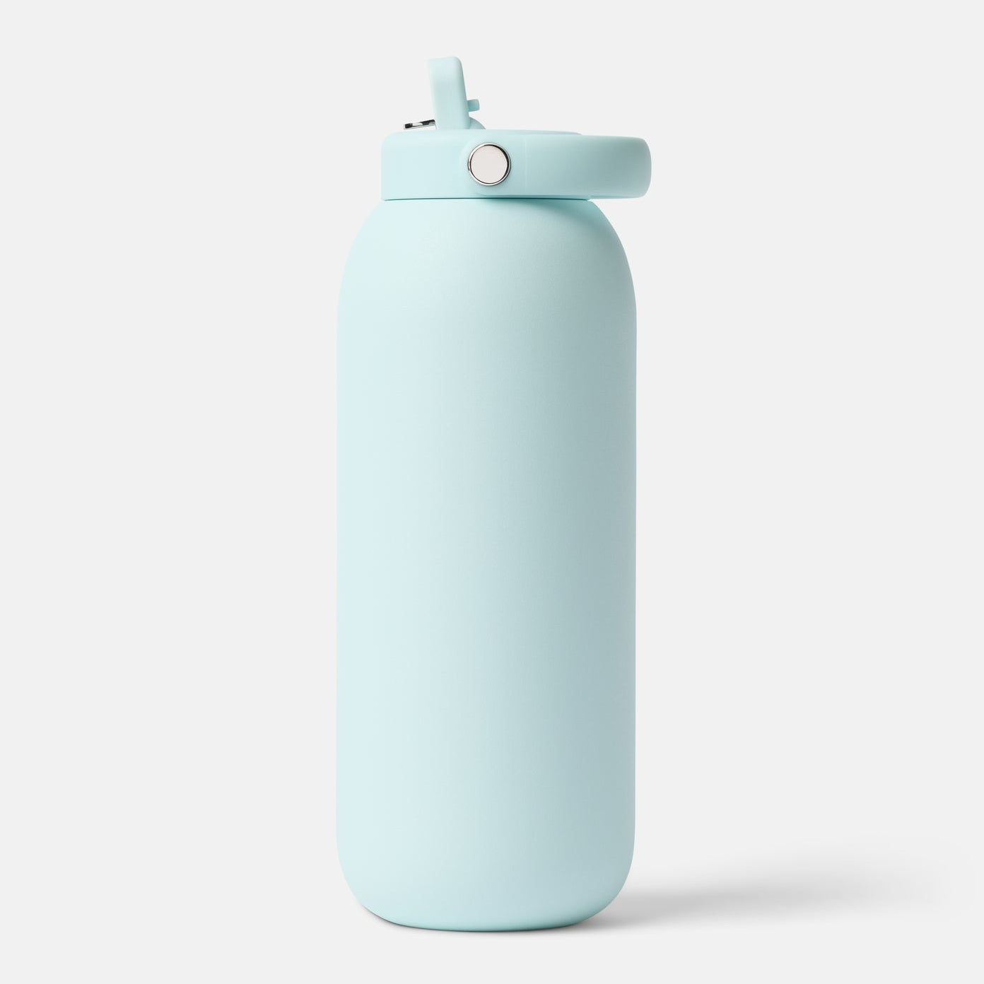 Light blue water bottle with a straw lid on a white background