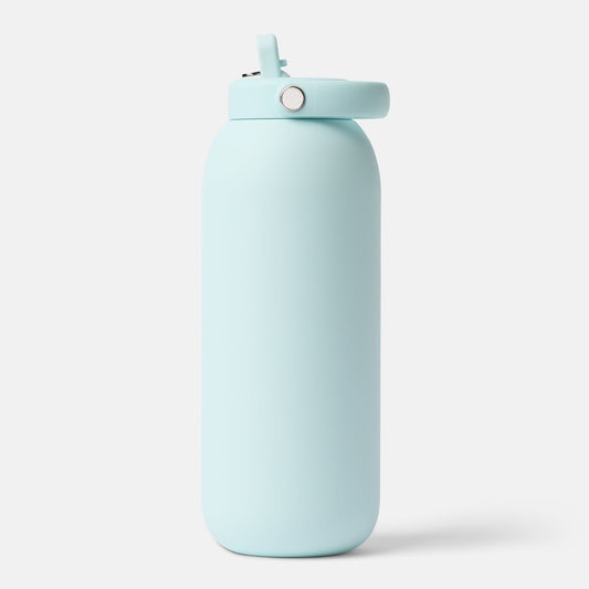 Light blue water bottle with a straw lid on a white background
