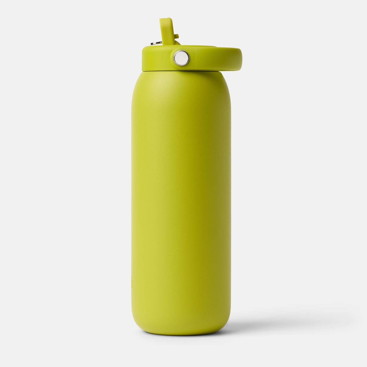Yellow water bottle with a white cap on a light gray background