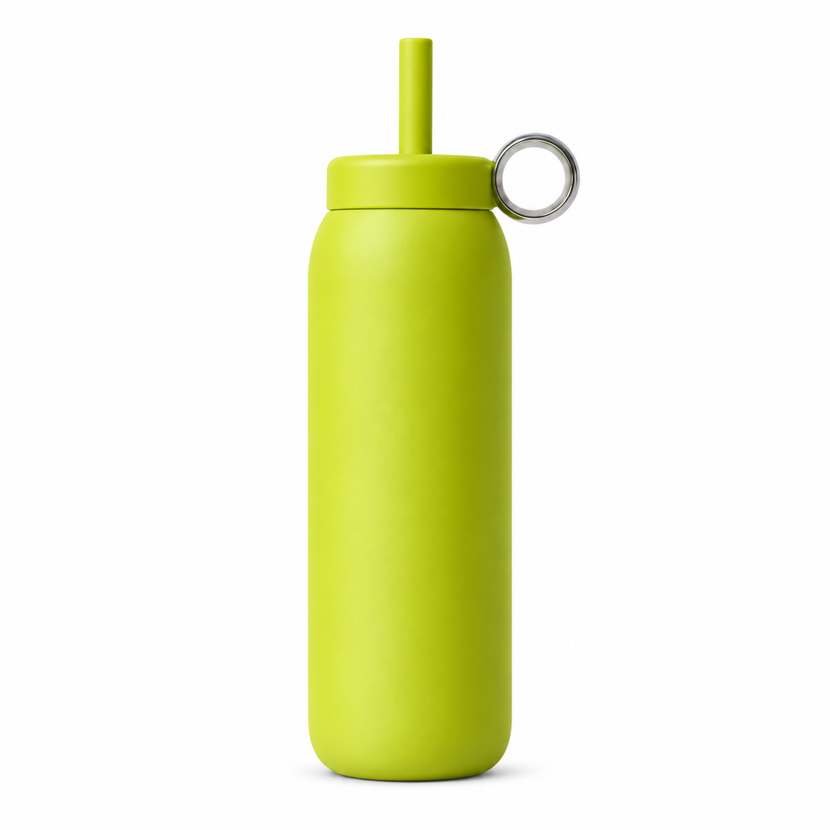 A bright lime green insulated water bottle with a matching green straw lid and a silver metal carrying loop, shown on a solid white background.