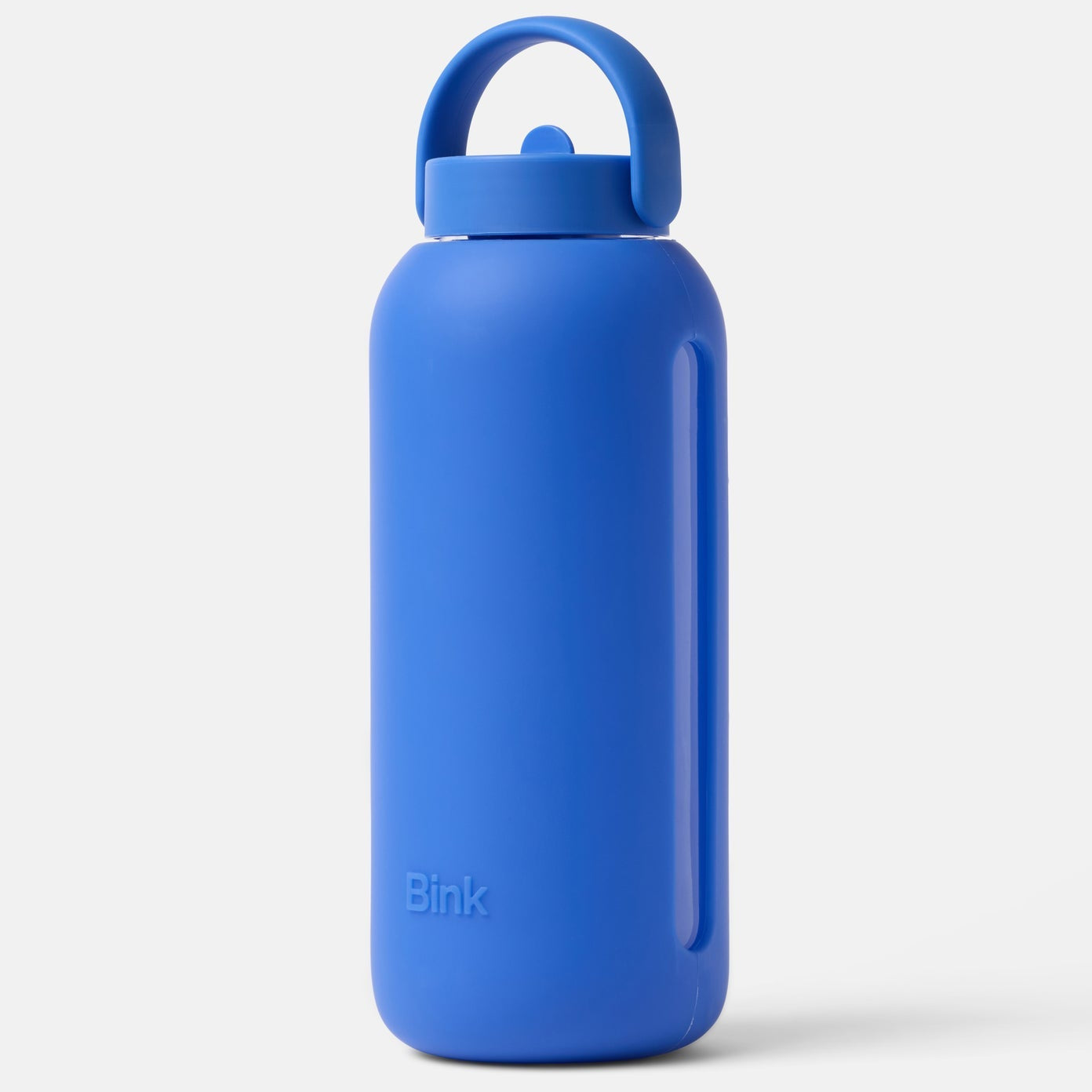 Blue glass water bottle with a blue lid on a white background