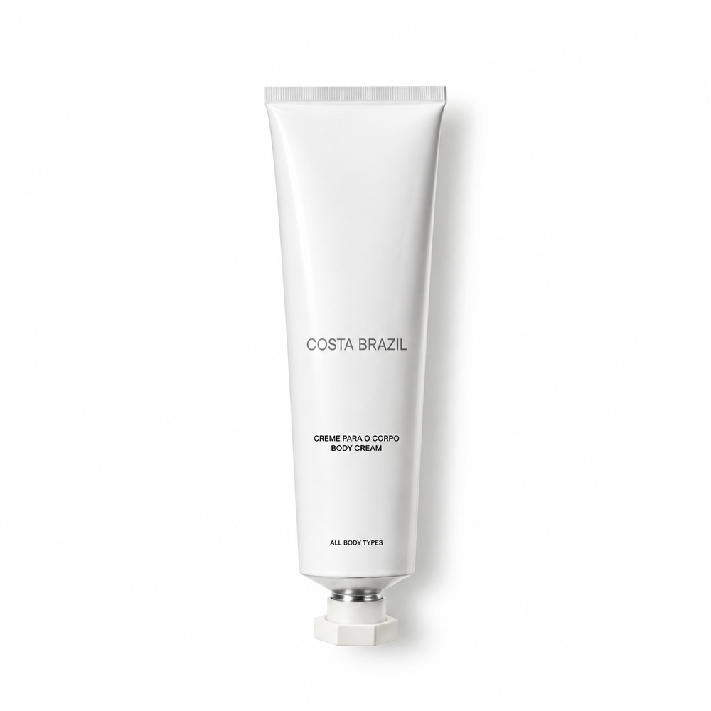 A white squeeze tube of Costa Brazil Body Cream on a clean white background.