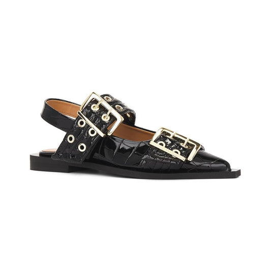 GANNI Buckle Ballerina Shoes | Black Patent Croco