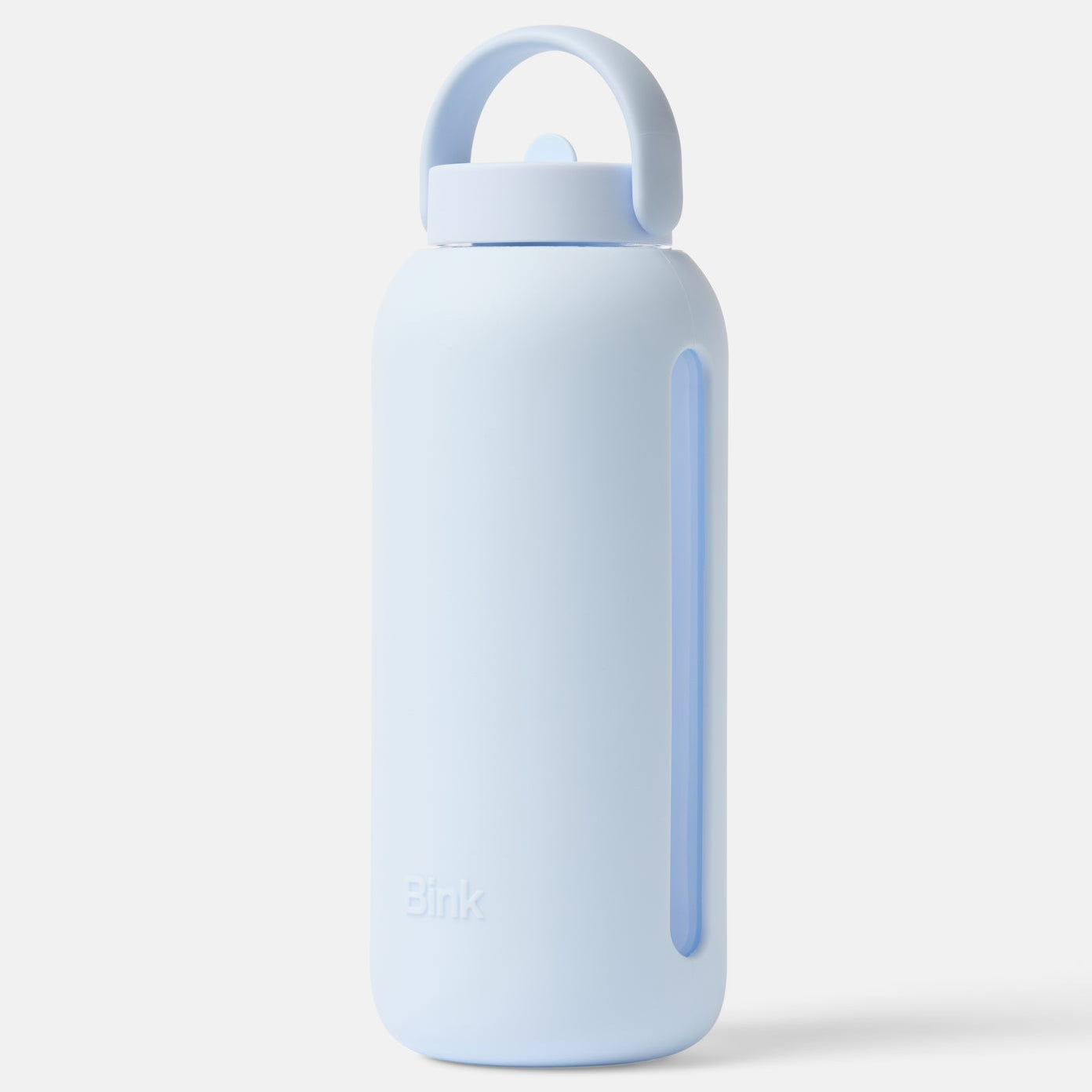 Light blue water bottle with a handle on a white background