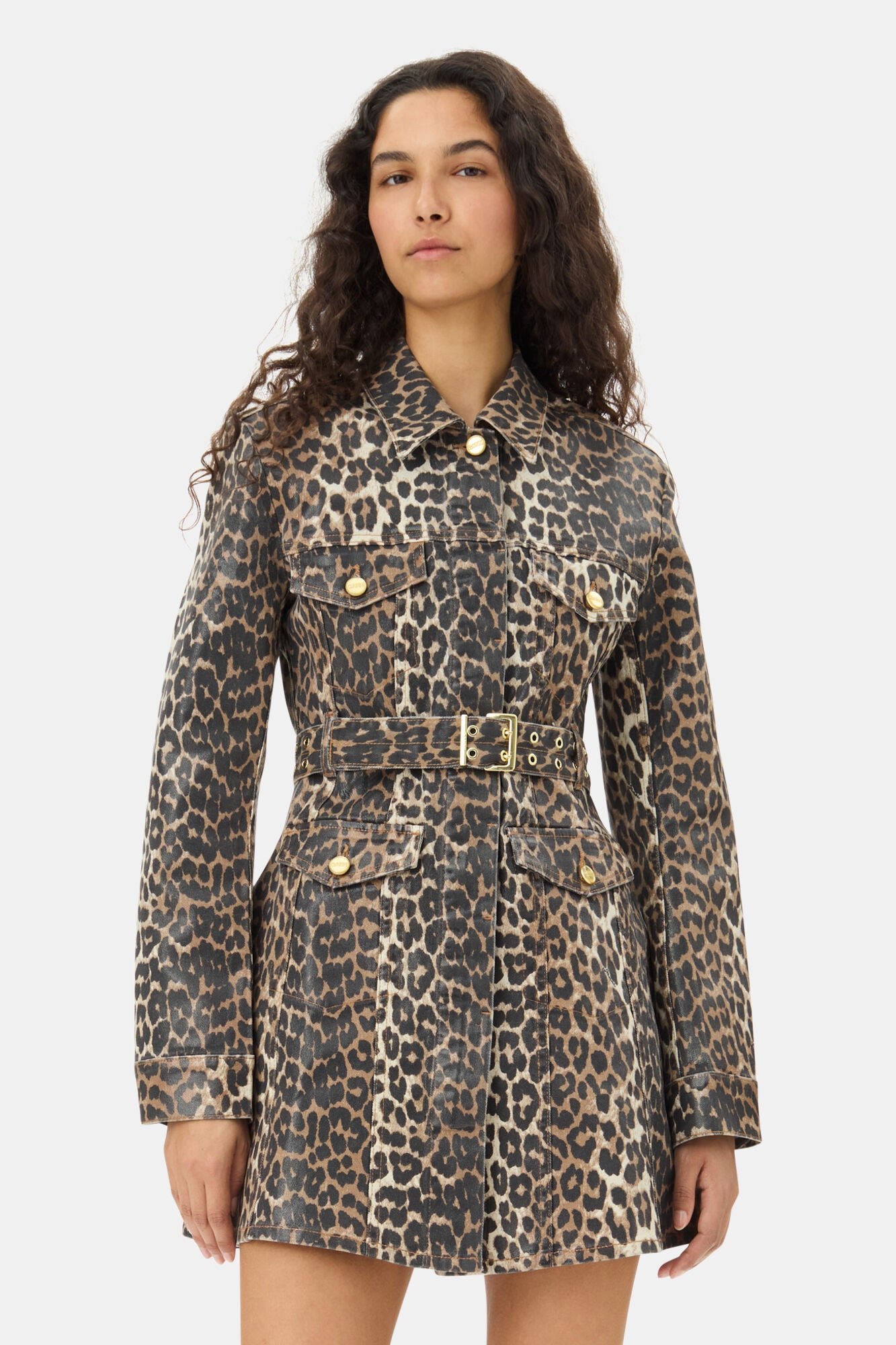 GANNI Leopard Print Foil Denim Dress | Leopard