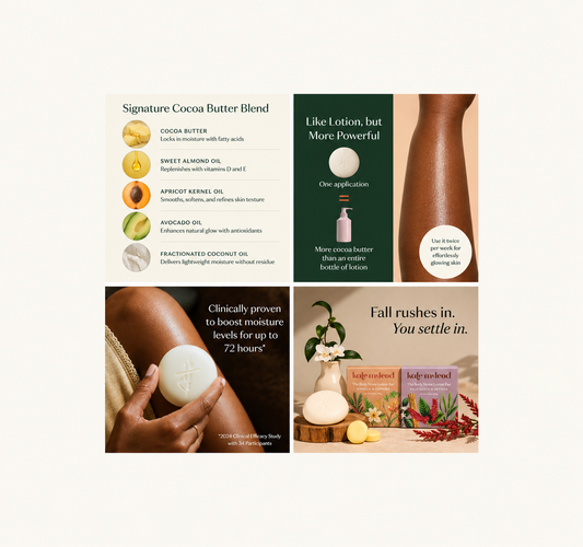 A four-panel marketing collage for a cocoa butter moisturizer blend. The top-left panel lists ingredients including cocoa butter, sweet almond oil, and apricot kernel oil.