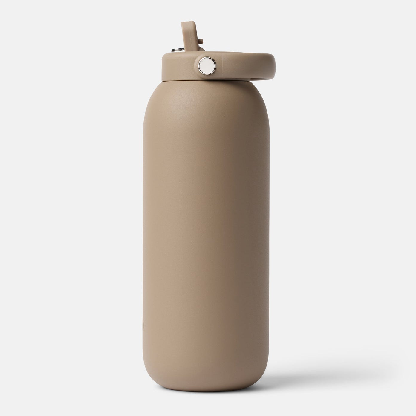 Beige water bottle with a strap on a white background