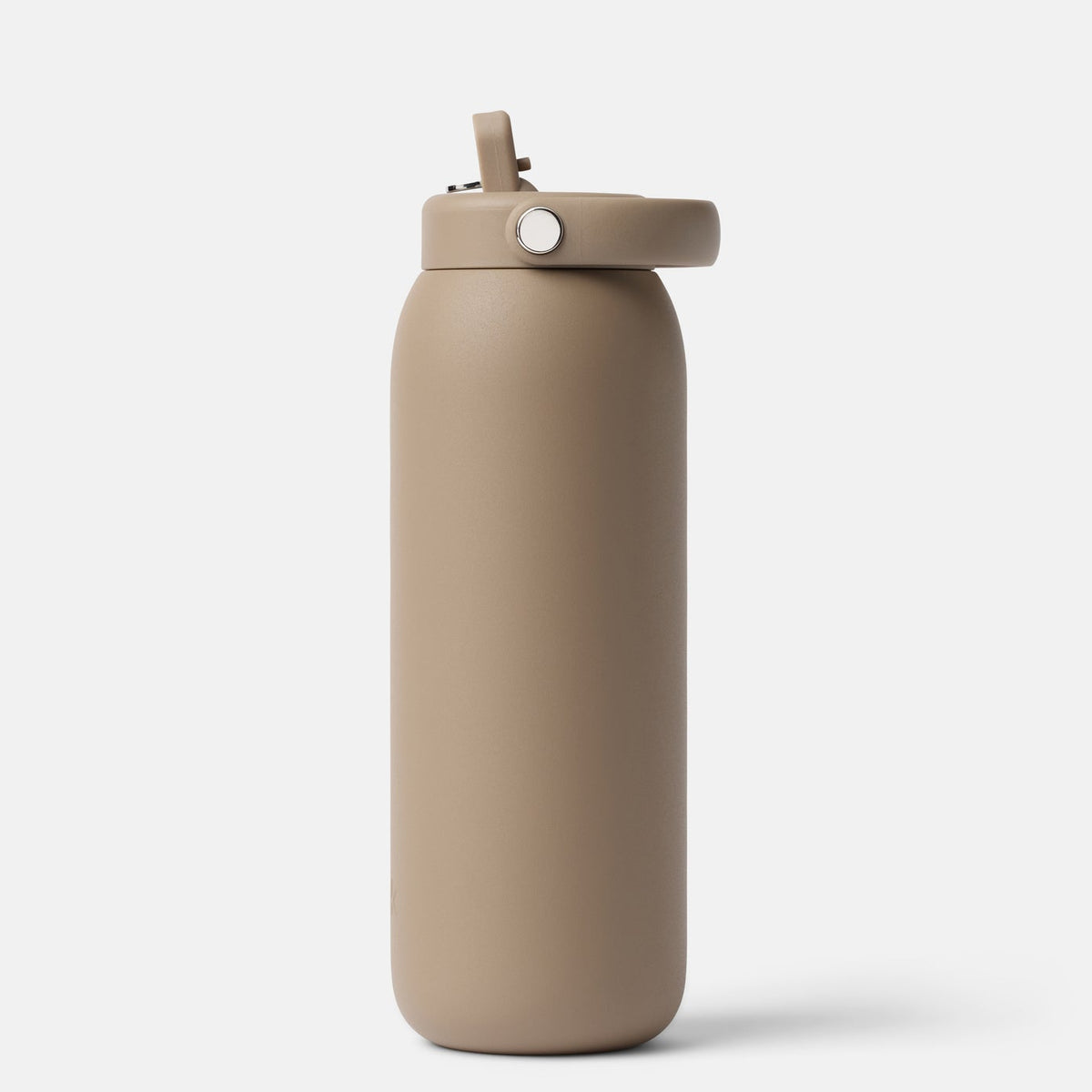 A light brown insulated water bottle with a matching flip-top lid, shown on a clean light gray background.