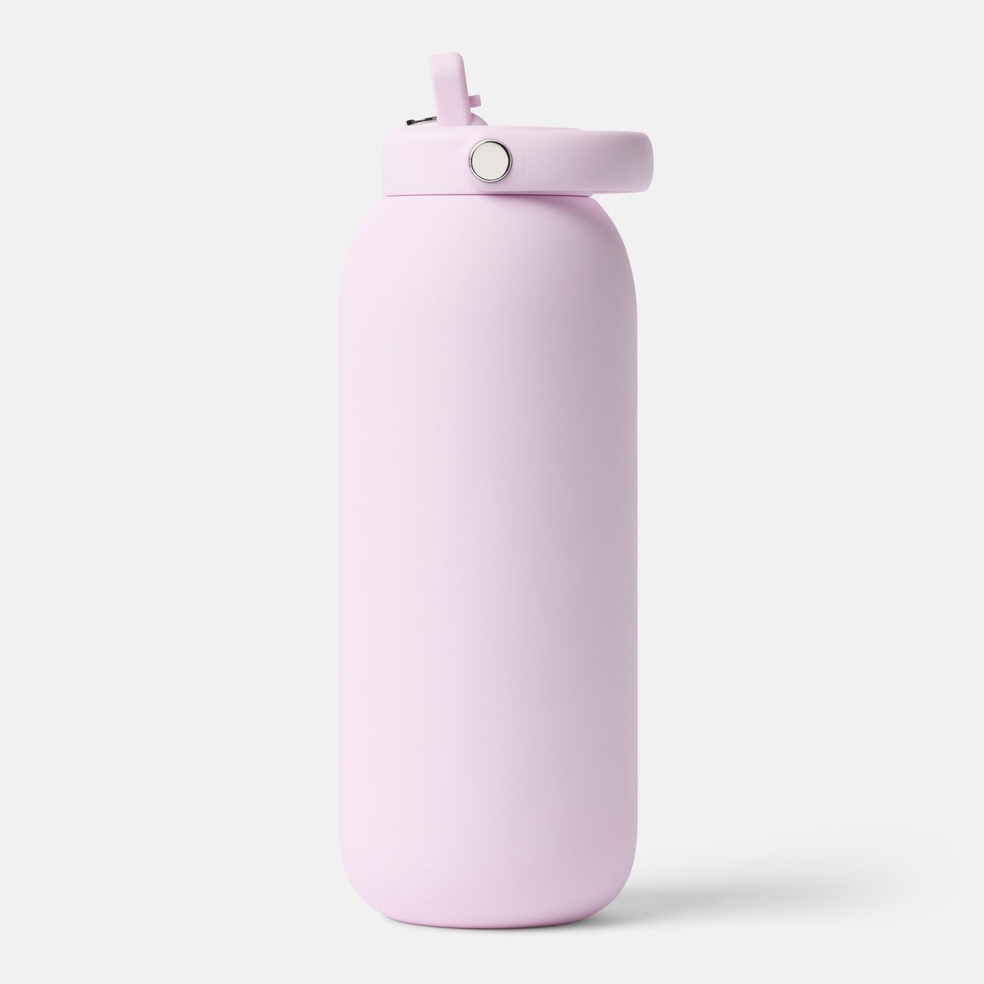 Pink water bottle with a straw lid on a white background