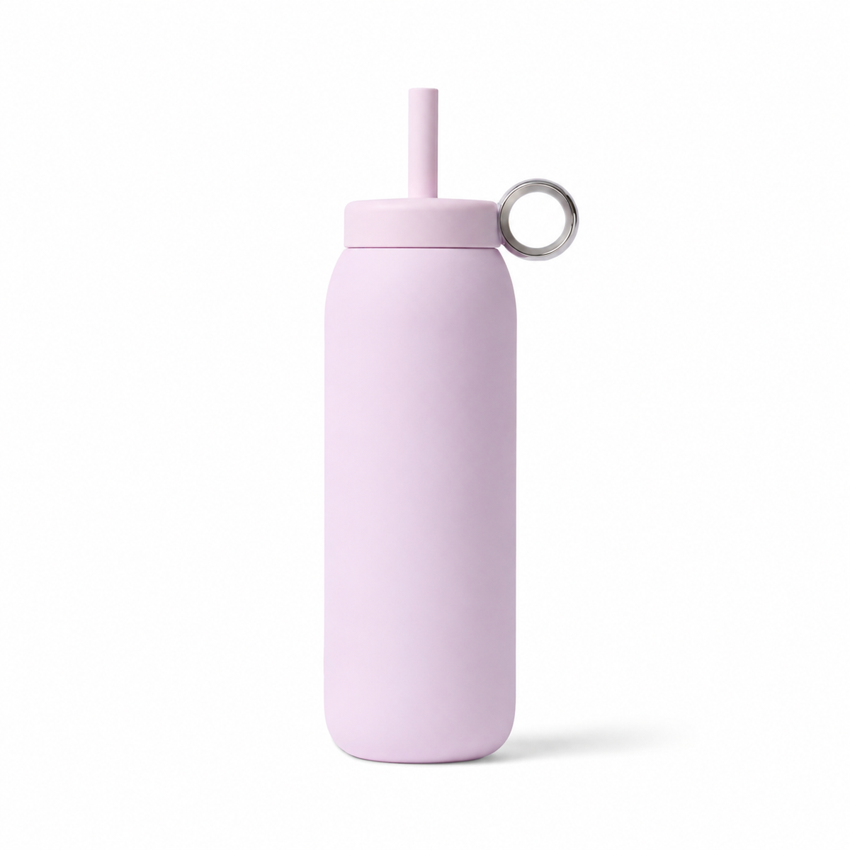A light pink matte insulated water bottle with a matching pink straw lid and a small silver metal loop, shown on a clean white background.