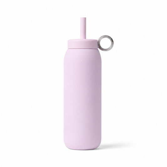 A light pink matte insulated water bottle with a matching pink straw lid and a small silver metal loop, shown on a clean white background.