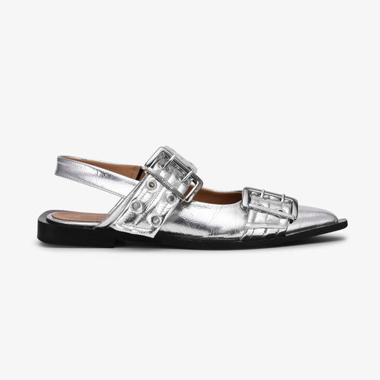 GANNI Buckle Ballerina Shoes | Silver