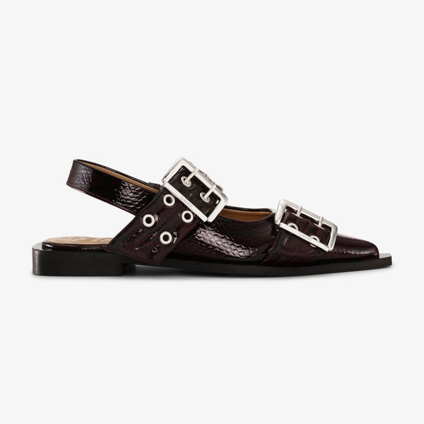 GANNI Buckle Ballerina Shoes | Burgundy Snake