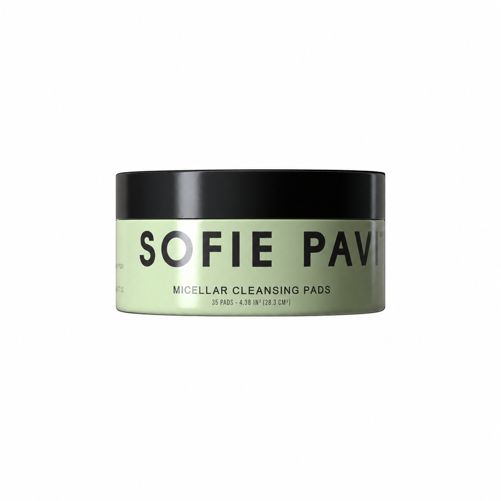 A jar of Sofie Pavi Micellar Cleansing Pads on a plain white background. The jar has a light sage green body with a black lid, and the brand name 'SOFIE PAVI' is printed in black on the front.