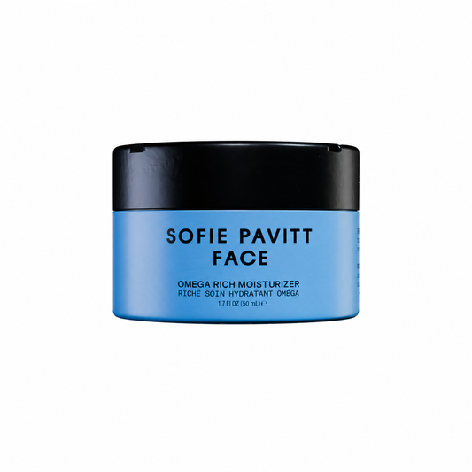 Sofie Pavitt Face Omega Rich Moisturizer in a light blue jar with a black lid, centered on a plain white background.
