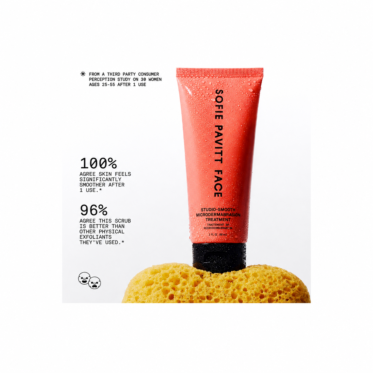 Sophie Pavitt Face Studio Smooth Microexfoliating Treatment in a coral pink squeeze tube, displayed on a yellow sponge against a white background with product claims text.