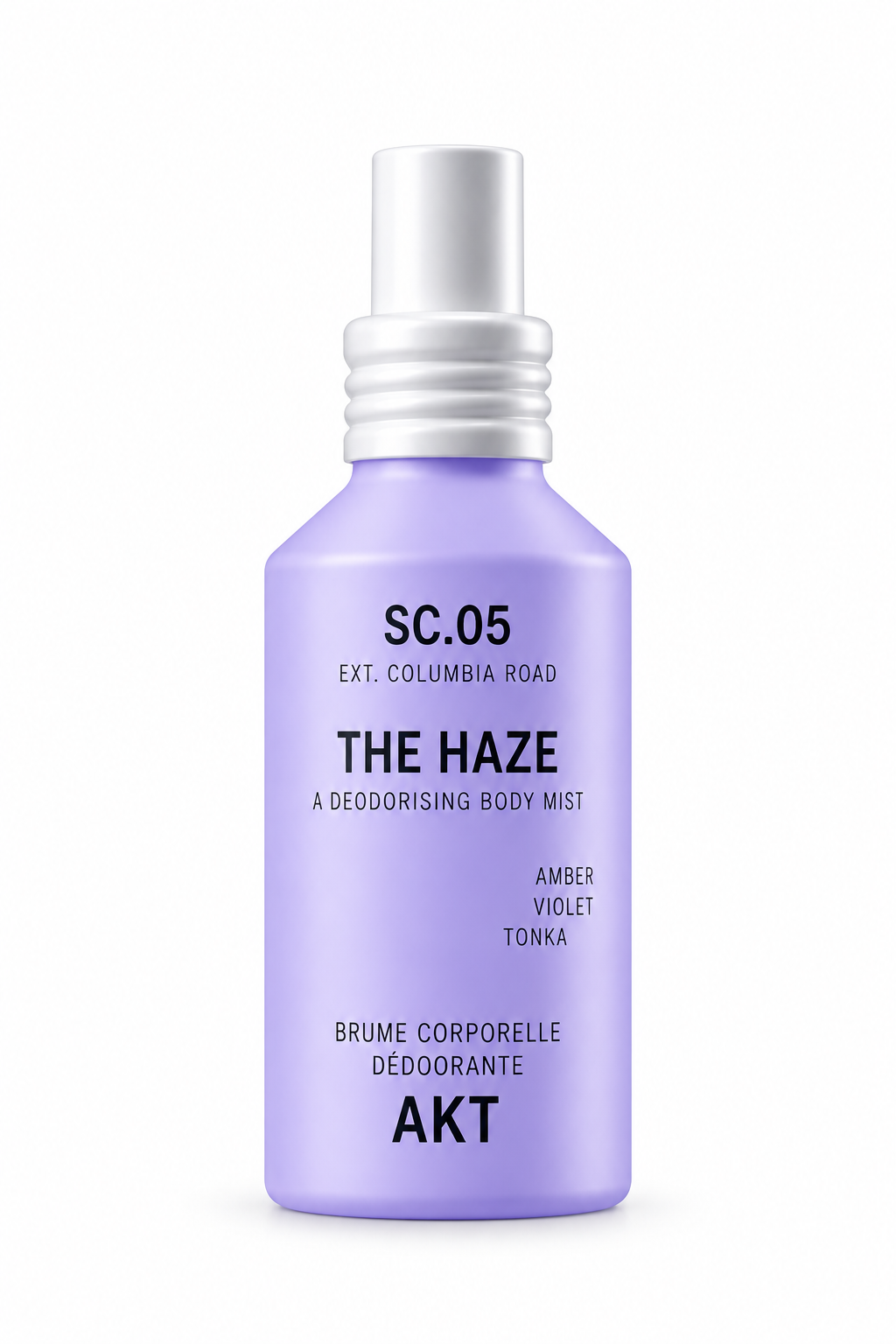 A lavender purple spray bottle of deodorising body mist with a white spray nozzle, labeled 'THE HAZE' by the brand 'AKT', on a clean white background.