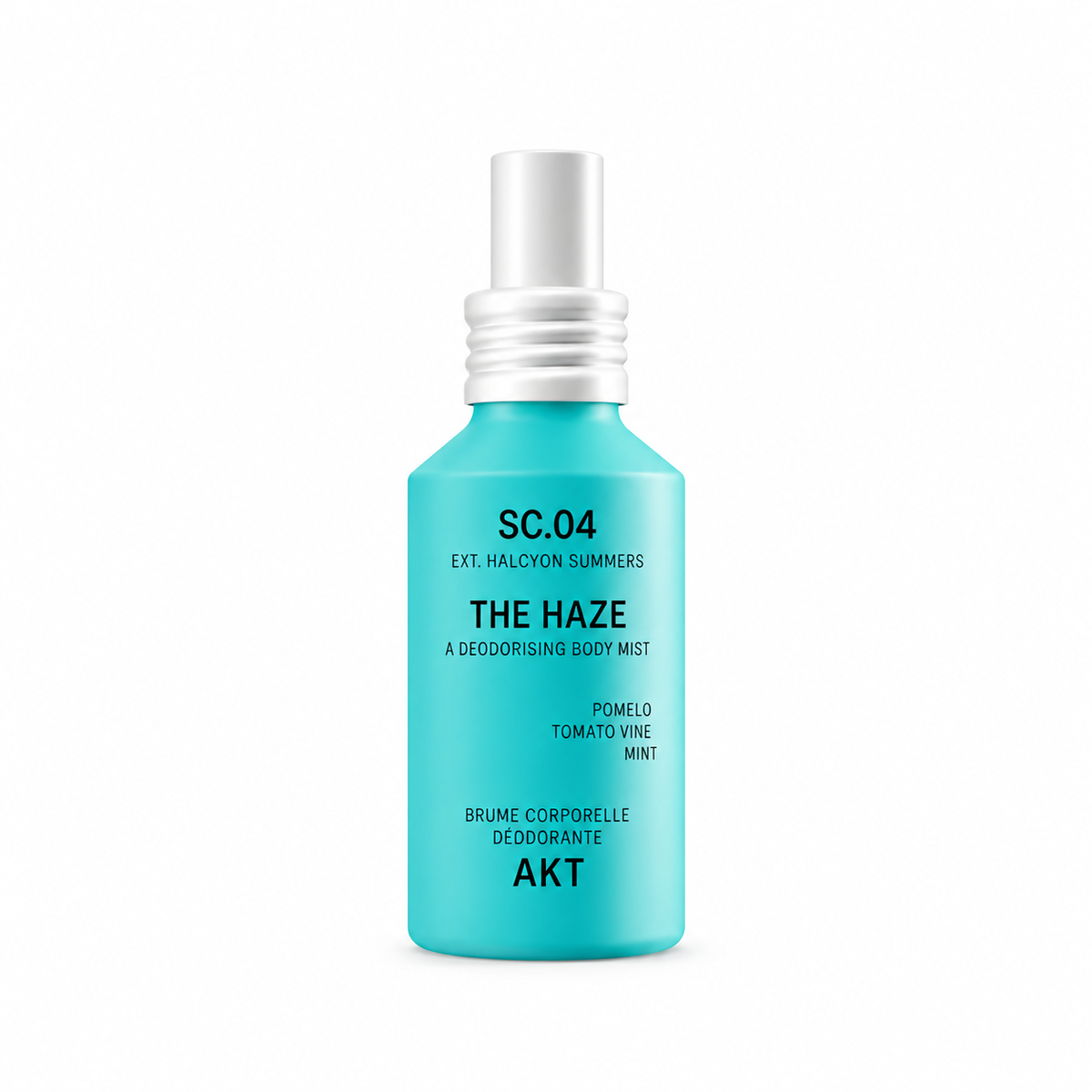 A turquoise spray bottle of body mist with a white cap, labeled 'THE HAZE' by the brand AKT, on a solid white background.