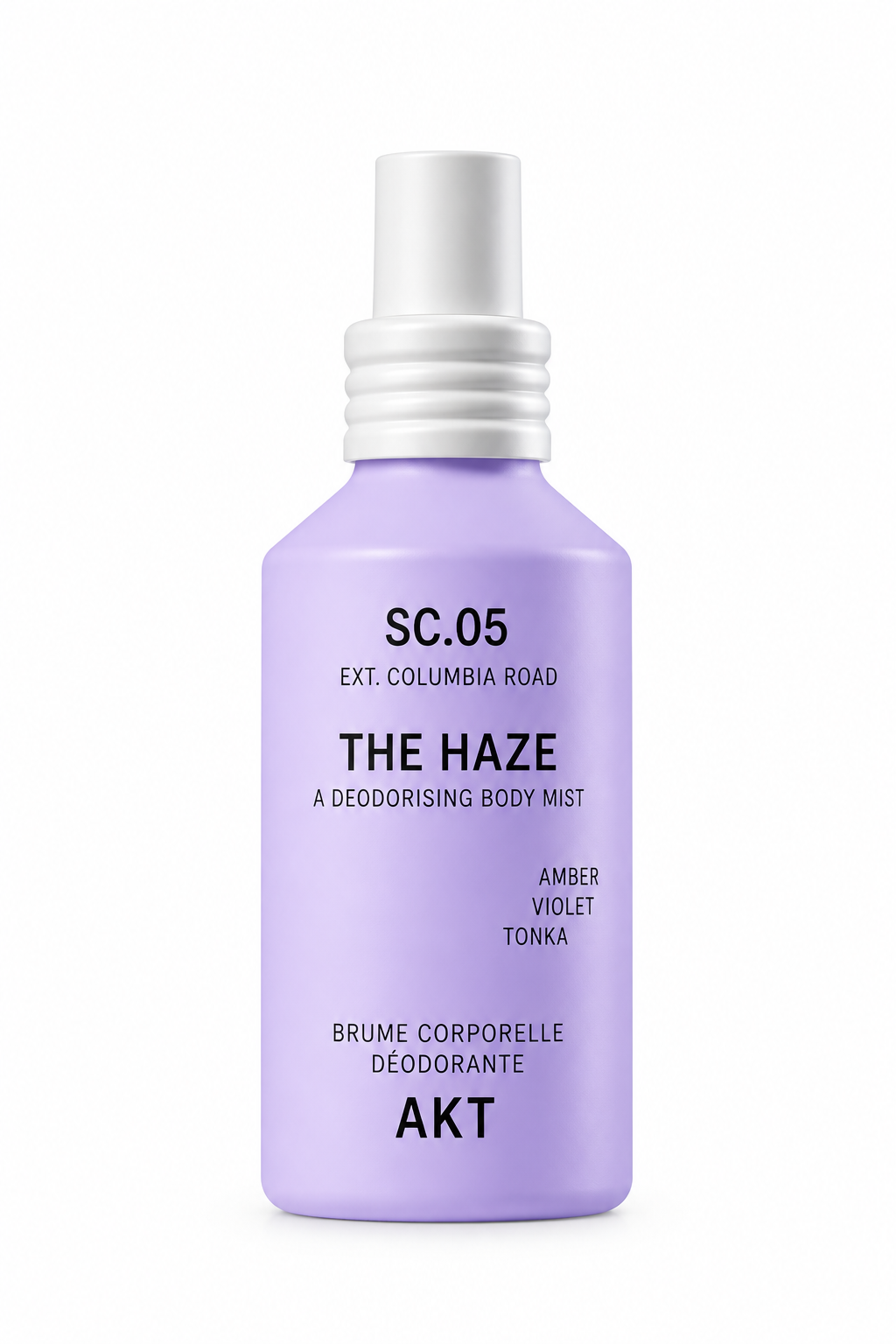 A lavender purple spray bottle of 'The Haze' deodorising body mist by Akt, featuring a white spray nozzle and black text on a clean white background.