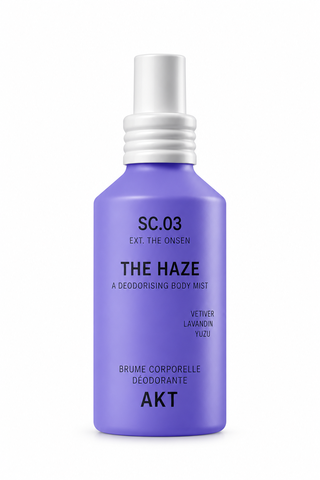 A lavender purple spray bottle of deodorant body mist with a white spray nozzle, labeled 'THE HAZE' by the brand 'akt'.