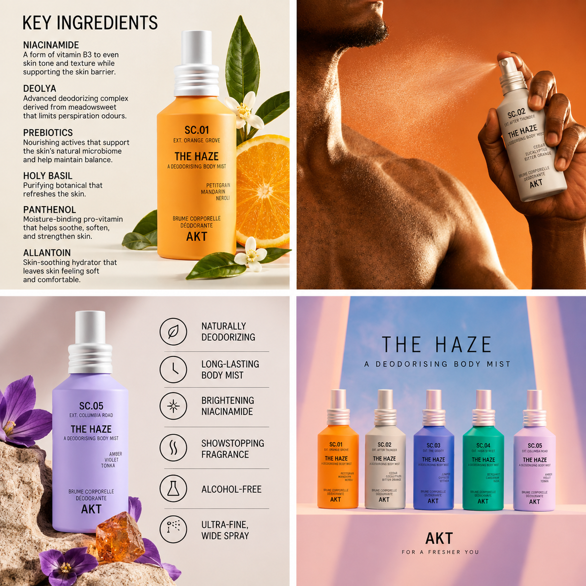 A four-panel marketing collage for The Haze body mist by AKT. The top-left panel shows key ingredients with text and a central bottle.