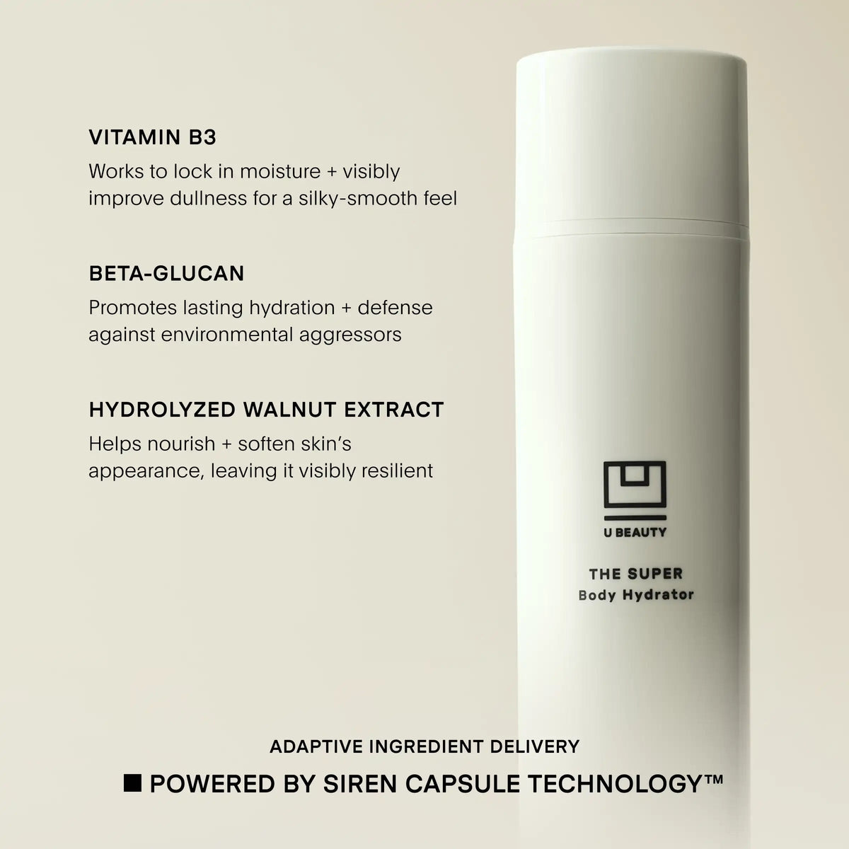 A white cylindrical bottle of U Beauty The Super Body Hydrator shown on a light beige background with black text describing ingredients and benefits. The bottle features the U Beauty logo and product name.