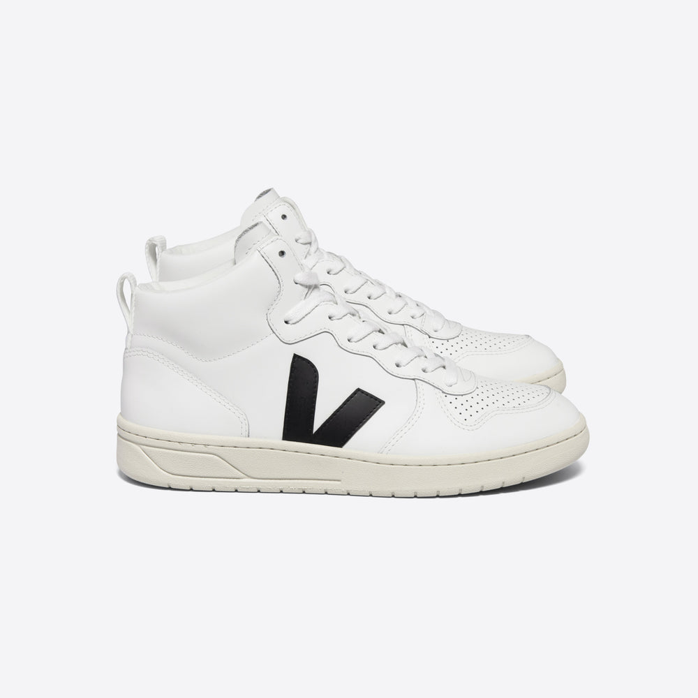 VEJA V-15 Leather Hightop Sneakers | White Black