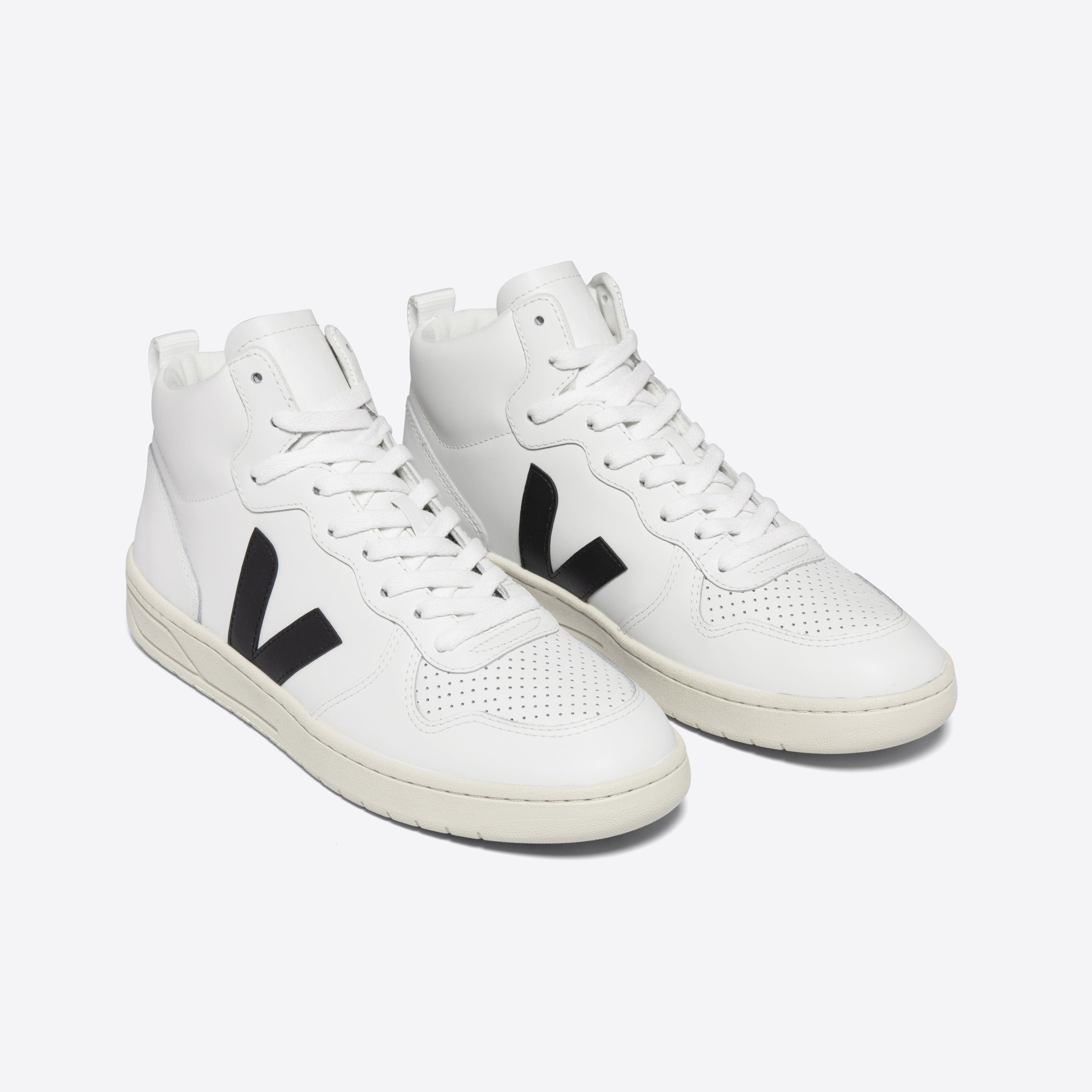 VEJA V-15 Leather Hightop Sneakers | White Black – shopsundayschool