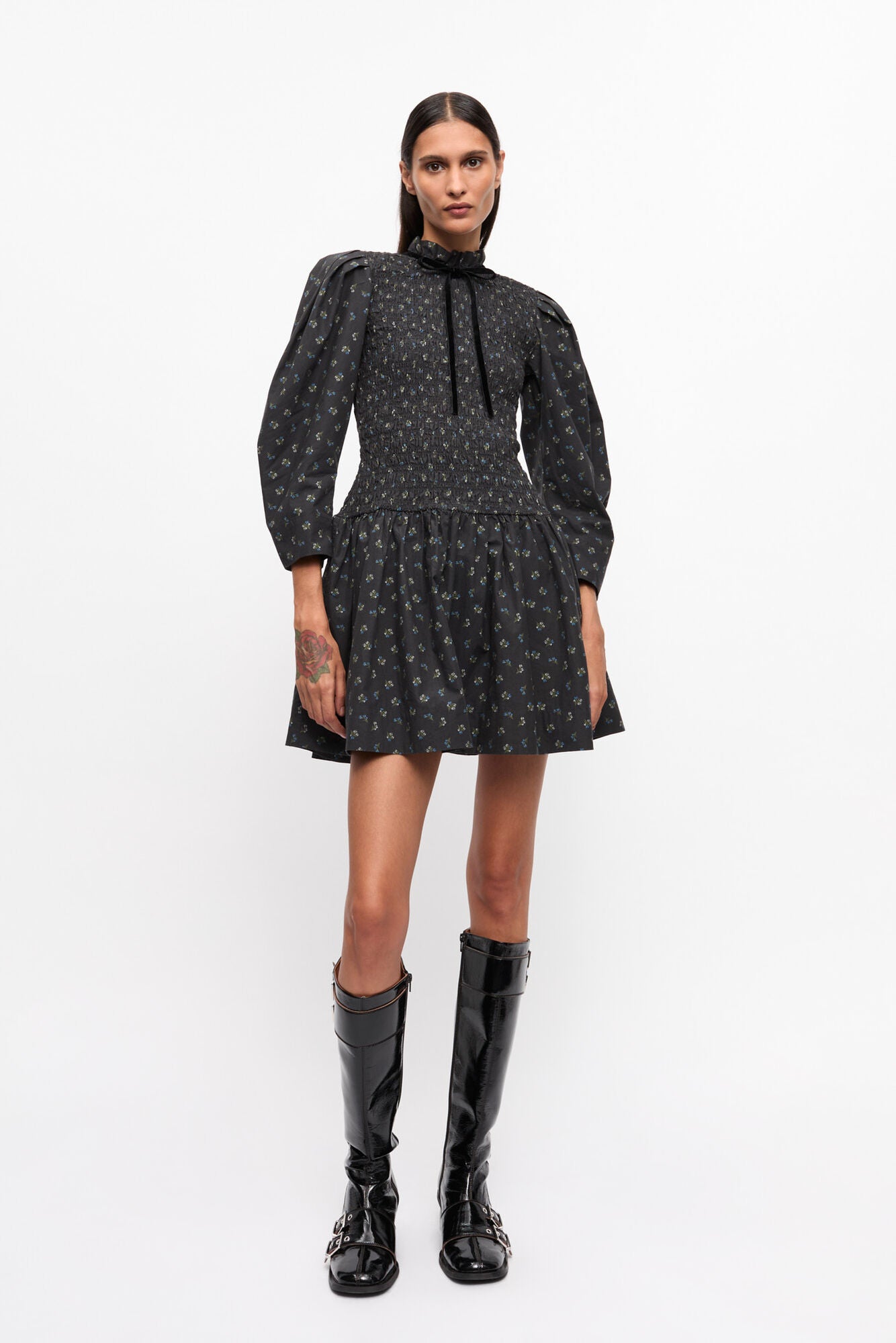 GANNI Black Printed Mini Smock Dress