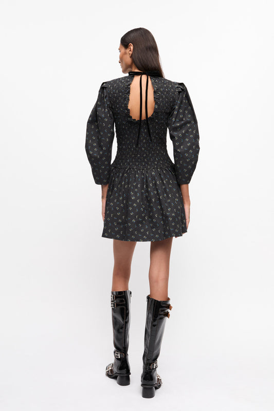 GANNI Black Printed Mini Smock Dress