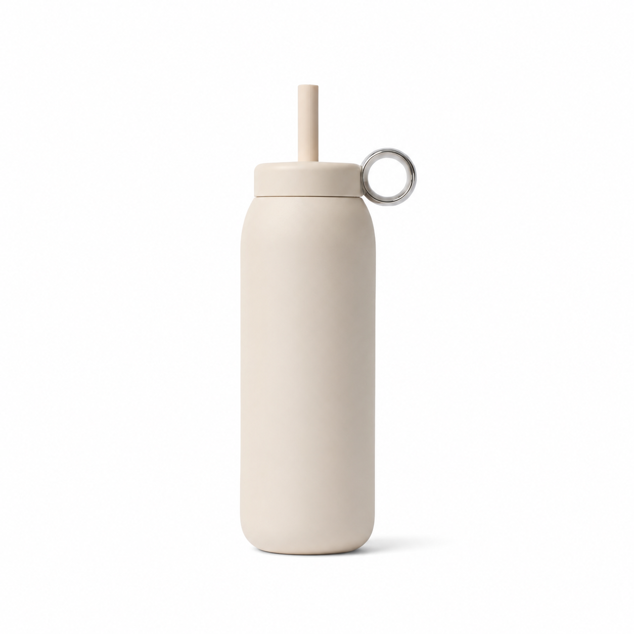 A matte off-white insulated water bottle with a matching straw lid and a small silver metal loop handle, shown on a clean white background.