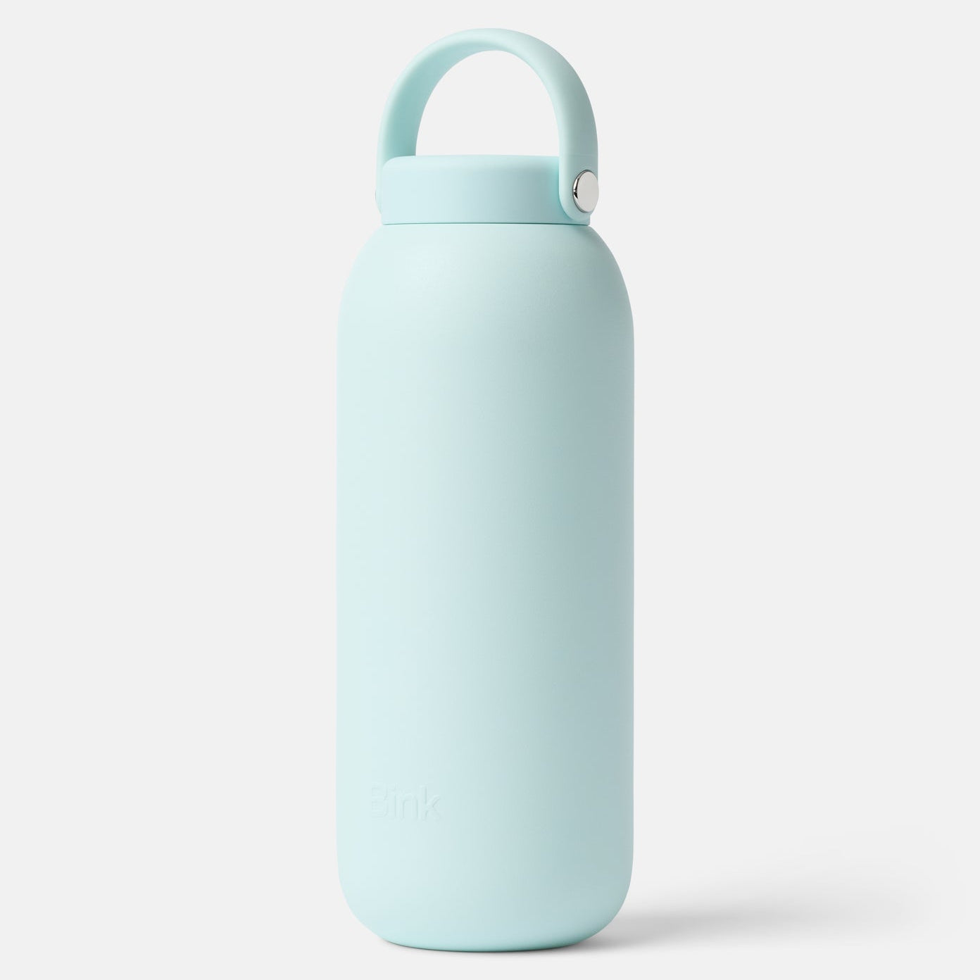Light blue water bottle with a handle on a white background
